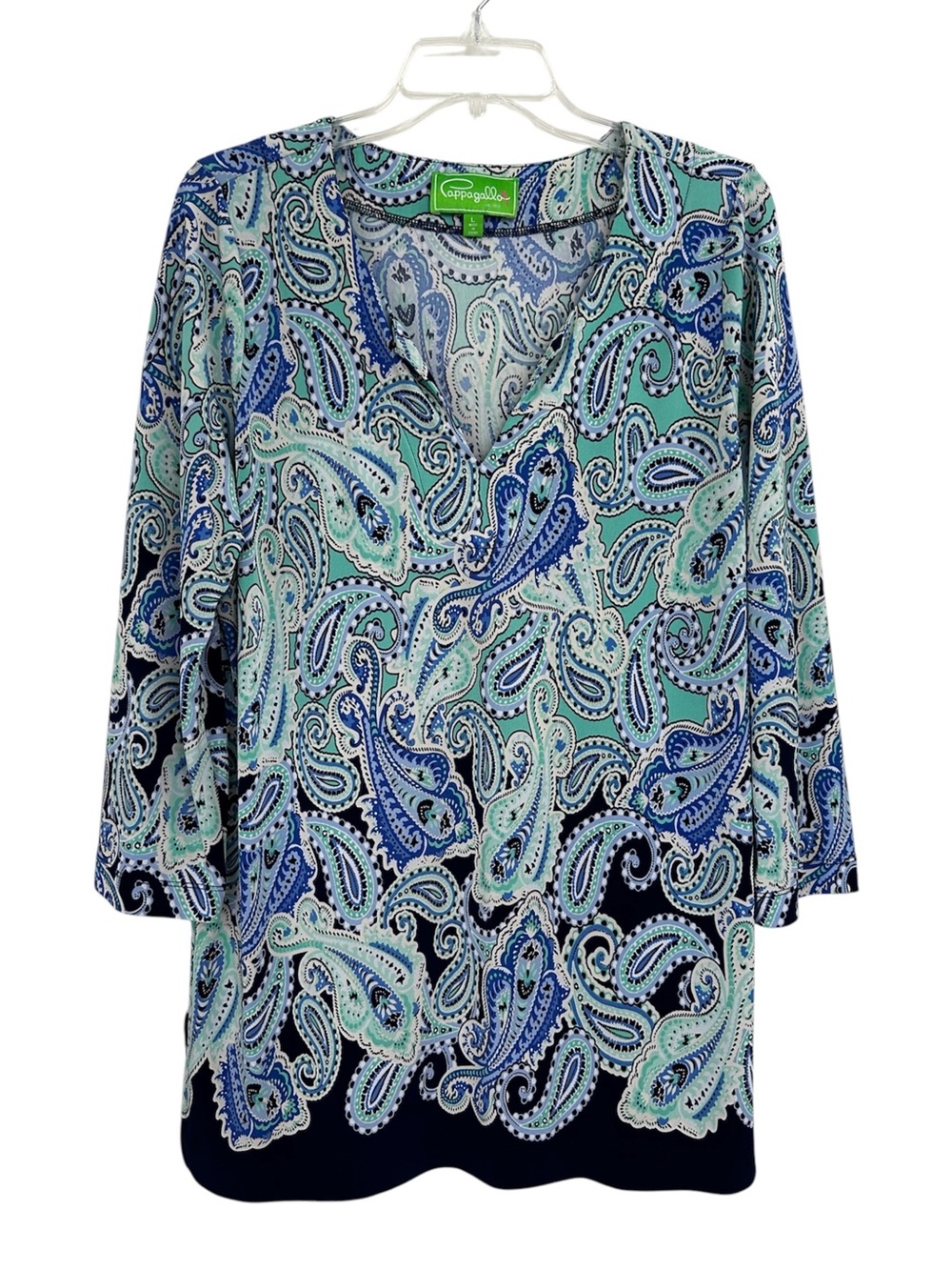 Pappagallo Tunic Top Paisley Print Navy Green Split Neck 3/4 Sleeves Size Large
